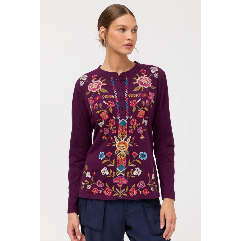 Johnny‎ Was Embroidered Floral Raw Seam Henley Large Purple Boho Chic Cotton